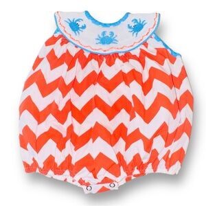 Sassy Lil Sprout Size 6M Orange/White Chevron Smocked Blue Crabs Romper
